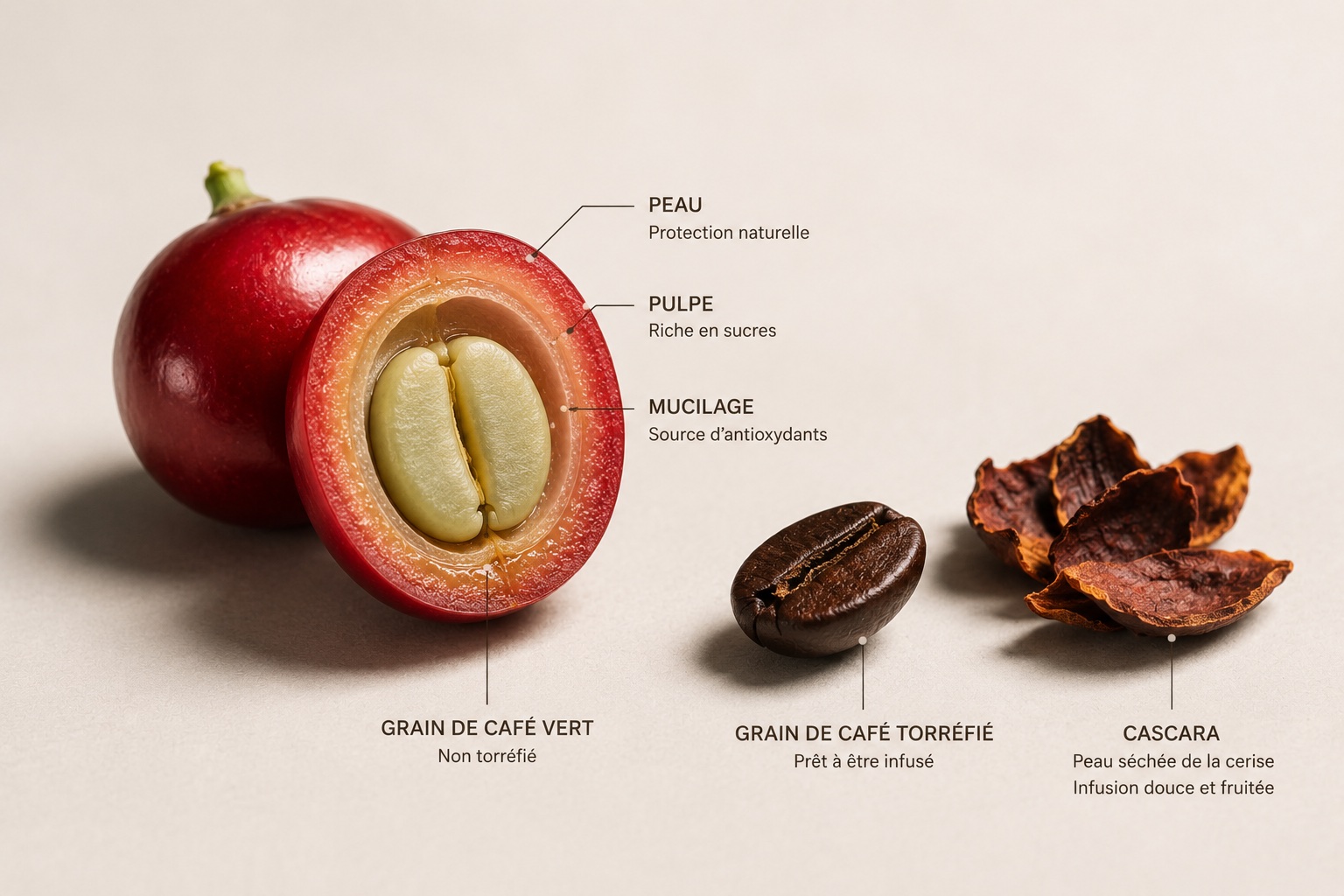 Schéma de la cerise de café avec café vert, café torréfié et cascara