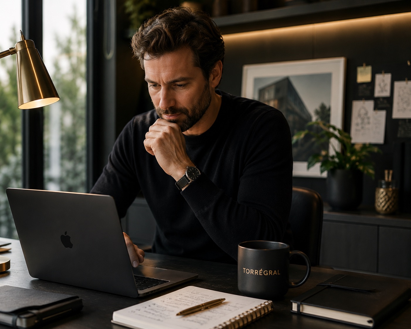 Personne concentrée avec une tasse Torrégral au bureau